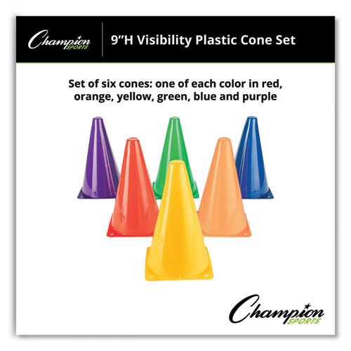 Picture of High-Visibility Plastic Cones, 9" Tall, Assorted Colors, 5" x 5" Base, 6/Set