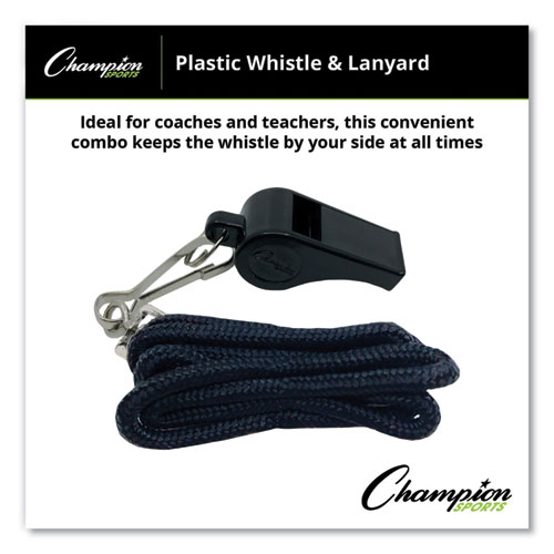 Picture of Sports Whistle with Black Nylon Lanyard, Plastic, Black, Dozen