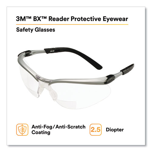 Picture of BX Molded-In Diopter Safety Glasses, 2.5+ Diopter Strength, Silver/Black Frame, Clear Lens