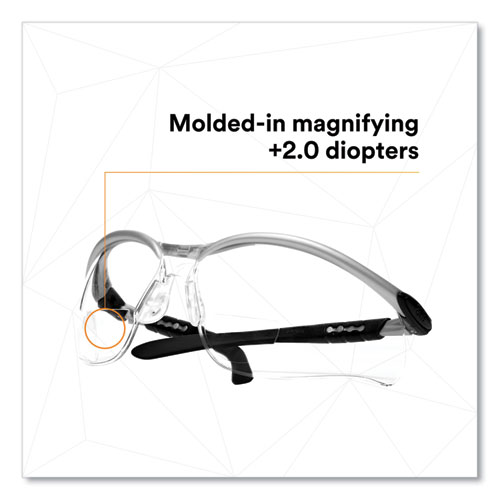 Picture of BX Molded-In Diopter Safety Glasses, 2.0+ Diopter Strength, Silver/Black Frame, Clear Lens