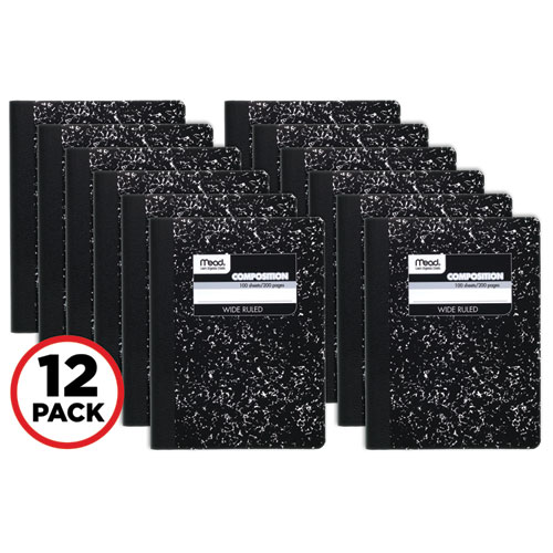 Picture of Square Deal Composition Book, 3-Subject, Wide/Legal Rule, Black Cover, (100) 9.75 x 7.5 Sheets, 12/Pack