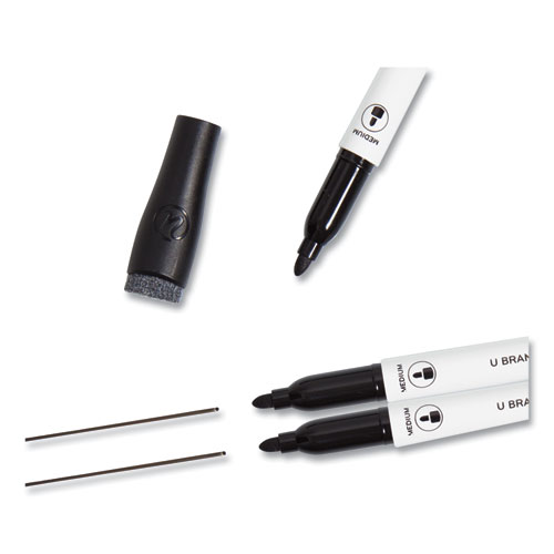 Picture of Medium Point Low-Odor Dry-Erase Markers with Erasers, Medium Bullet Tip, Black, Dozen