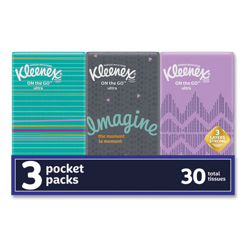 Picture of On The Go Packs Facial Tissues, 3-Ply, White, 10 Sheets/Pouch, 3 Pouches/Pack, 36 Packs/Carton