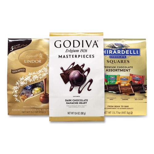Picture of Lindt Lindor, Godiva, Ghiradelli Premium Chocolate Variety, 44.37 oz Bag, 3/Carton