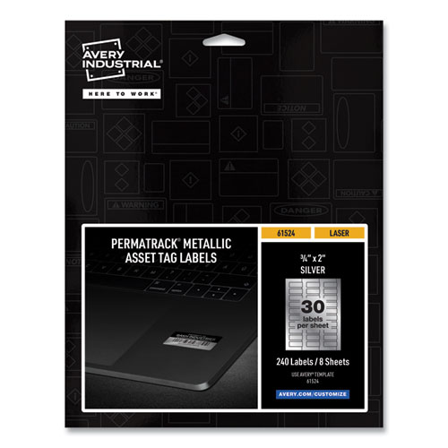 Picture of PermaTrack Metallic Asset Tag Labels, Laser Printers, 0.75 x 2, Metallic Silver, 30/Sheet, 8 Sheets/Pack