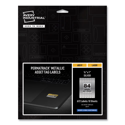 Picture of PermaTrack Metallic Asset Tag Labels, Laser Printers, 0.5 x 1, Silver, 84/Sheet, 8 Sheets/Pack