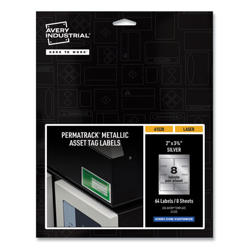 Picture of PermaTrack Metallic Asset Tag Labels, Laser Printers, 2 x 3.75, Silver, 8/Sheet, 8 Sheets/Pack