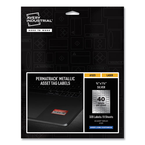 Picture of PermaTrack Metallic Asset Tag Labels, Laser Printers, 0.75 x 1.5, Metallic Silver, 40/Sheet, 8 Sheets/Pack