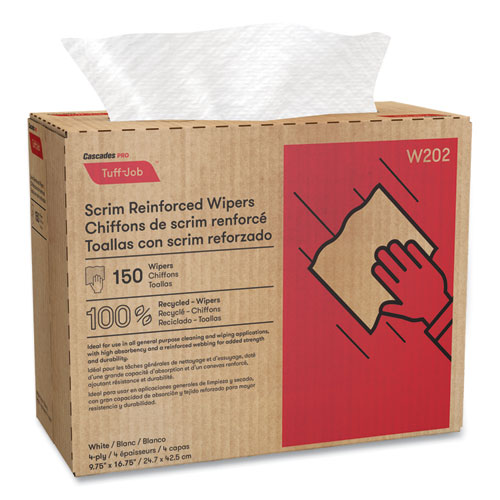 Picture of Tuff-Job Scrim Reinforced Wipers, 4-Ply, 9.75 x 16.75, White, 150/Box, 6 Box/Carton