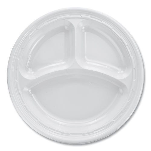 Picture of Famous Service Plastic Dinnerware, Plate, 3-Compartment, 10.25" dia, White, 125/Pack, 4 Packs/Carton