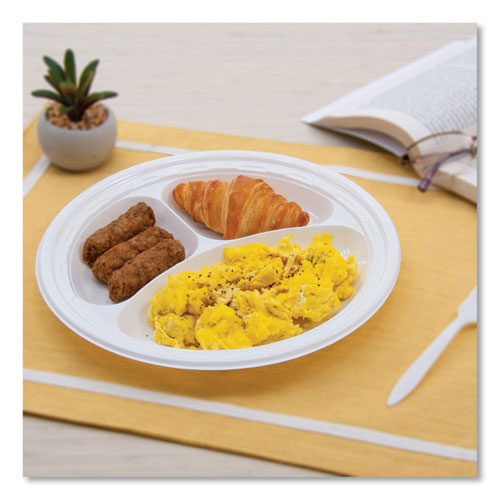 Picture of Famous Service Plastic Dinnerware, Plate, 3-Compartment, 10.25" dia, White, 125/Pack, 4 Packs/Carton
