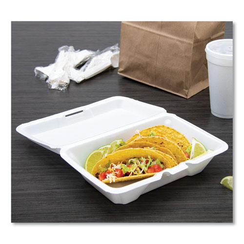 Picture of Foam Hinged Lid Containers, 1-Compartment, 6.4 x 9.3 x 2.9, White, 100/Pack, 2 Packs/Carton