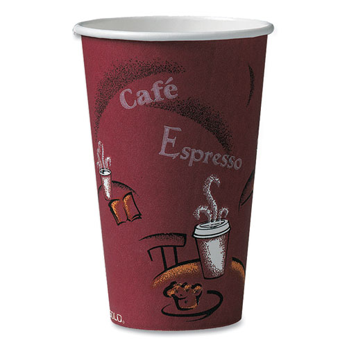Picture of Paper Hot Drink Cups in Bistro Design, 16 oz, Maroon, 50/Pack