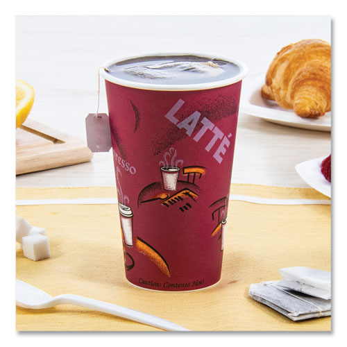 Picture of Paper Hot Drink Cups in Bistro Design, 16 oz, Maroon, 50/Pack