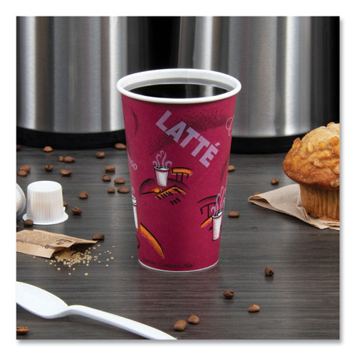 Picture of Paper Hot Drink Cups in Bistro Design, 16 oz, Maroon, 50/Pack