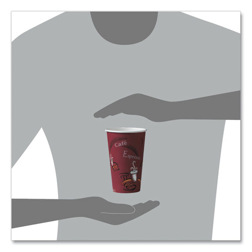 Picture of Paper Hot Drink Cups in Bistro Design, 16 oz, Maroon, 50/Pack