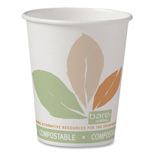 Picture of Bare Eco-Forward PLA Paper Hot Cups, 10 oz, Leaf Design, White/Green/Orange, 50/Bag, 20 Bags/Carton