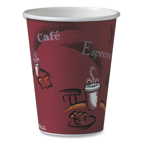 Picture of Paper Hot Drink Cups in Bistro Design, 12 oz, Maroon, 50/Pack