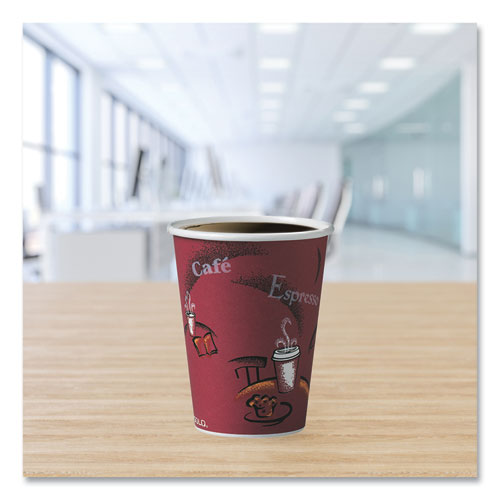 Picture of Paper Hot Drink Cups in Bistro Design, 12 oz, Maroon, 50/Pack