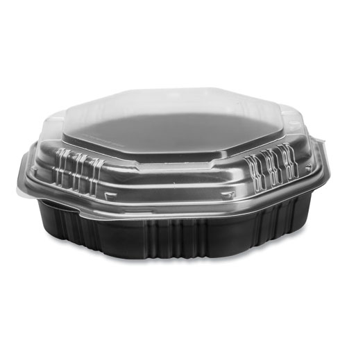Picture of OctaView Hinged-Lid Hot Food Containers, 31 oz, 9.55 x 9.1 x 3, Black/Clear, Plastic, 100/Carton