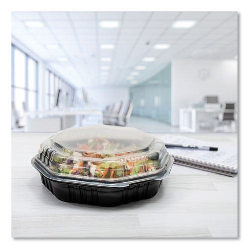 Picture of OctaView Hinged-Lid Hot Food Containers, 31 oz, 9.55 x 9.1 x 3, Black/Clear, Plastic, 100/Carton