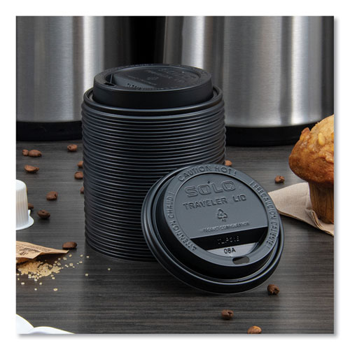 Picture of Traveler Cappuccino Style Dome Lid, Fits 10 oz to 24 oz Cups, Black, 100/Sleeve, 10 Sleeves/Carton