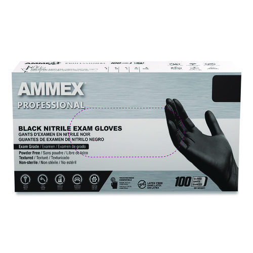 Picture of Nitrile Exam Gloves, Powder-Free, 3 mil, Medium, Black, 100/Box, 10 Boxes/Carton