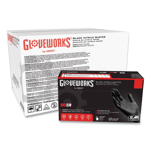 Picture of Industrial Nitrile Gloves, Powder-Free, 5 mil, X-Large, Black, 100 Gloves/Box, 10 Boxes/Carton