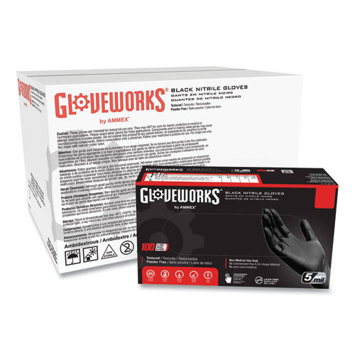 Picture of Industrial Nitrile Gloves, Powder-Free, 5 mil, Medium, Black, 100/Box, 10/Carton