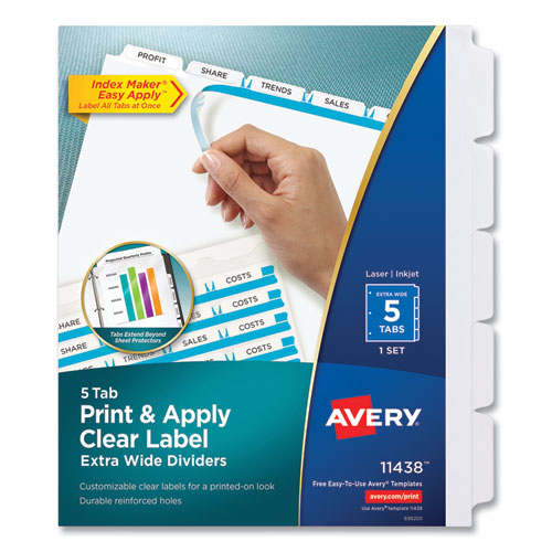 Picture of Print and Apply Index Maker Clear Label Dividers, Extra Wide Tab, 5-Tab, White Tabs, 11.25 x 9.25, White, 1 Set