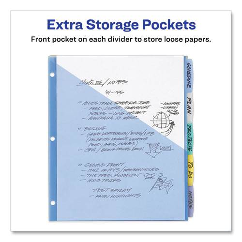 Picture of Write and Erase Durable Plastic Dividers with Slash Pocket, 3-Hold Punched, 5-Tab, 11.13 x 9.25, Assorted, 1 Set