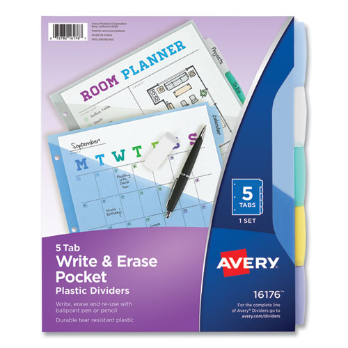 Write+and+Erase+Durable+Plastic+Dividers+with+Slash+Pocket%2C+3-Hold+Punched%2C+5-Tab%2C+11.13+x+9.25%2C+Assorted%2C+1+Set