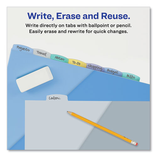 Picture of Write and Erase Durable Plastic Dividers with Slash Pocket, 3-Hold Punched, 8-Tab, 11.13 x 9.25, Assorted, 1 Set