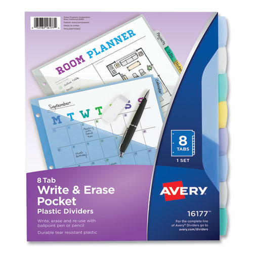 Picture of Write and Erase Durable Plastic Dividers with Slash Pocket, 3-Hold Punched, 8-Tab, 11.13 x 9.25, Assorted, 1 Set
