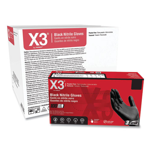 Picture of Industrial Nitrile Gloves, Powder-Free, 3 mil, X-Large, Black, 100/Box, 10 Boxes/Carton