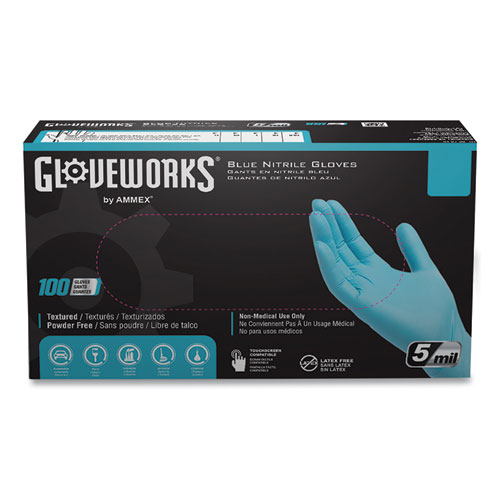 Picture of Industrial Nitrile Gloves, Powder-Free, 5 mil, Blue, Large, 100 Gloves/Box, 10 Boxes/Carton