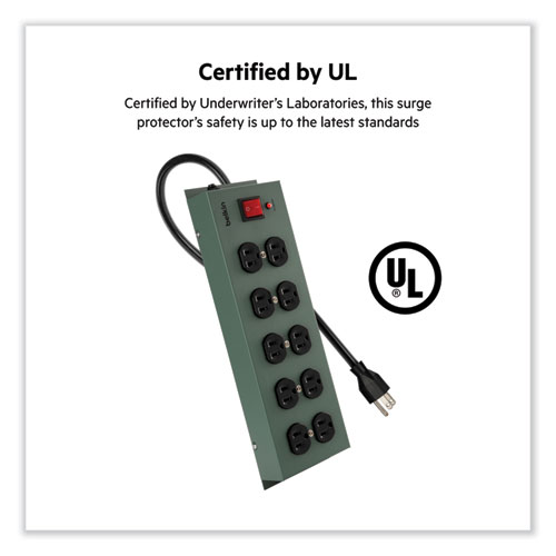 Picture of Metal SurgeMaster Surge Protector, 10 AC Outlets, 15 ft Cord, 885 J, Dark Gray