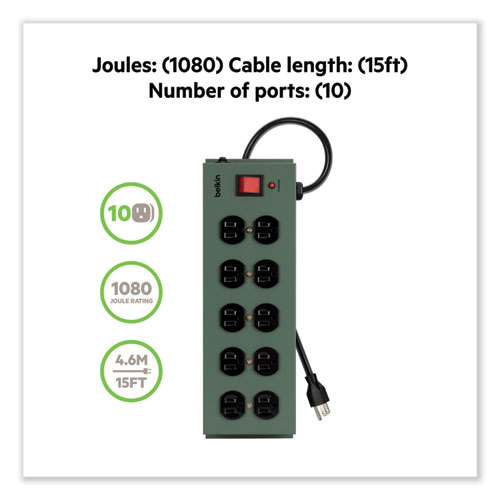 Picture of Metal SurgeMaster Surge Protector, 10 AC Outlets, 15 ft Cord, 885 J, Dark Gray