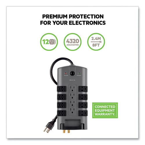 Picture of Pivot Plug Surge Protector, 12 AC Outlets, 8 ft Cord, 4,320 J, Gray