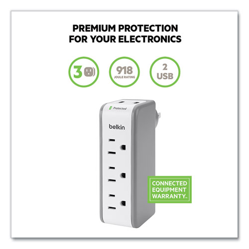 Picture of Wall Mount Surge Protector, 3 AC Outlets/2 USB Ports, 918 J, Gray/White