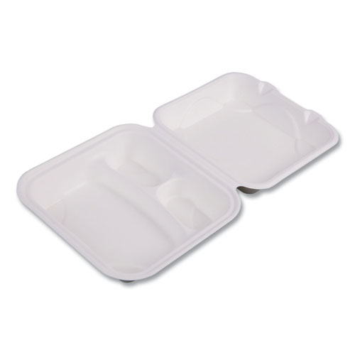 Picture of Vanguard Renewable and Compostable Sugarcane Clamshells, 3 Compartments, 8 x 8 x 3, White, 200/Carton