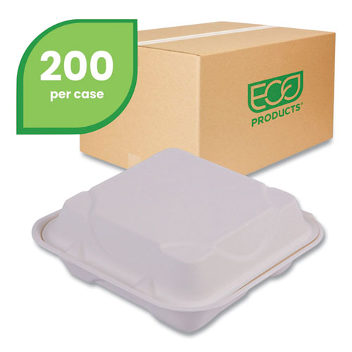 Picture of Vanguard Renewable and Compostable Sugarcane Clamshells, 3 Compartments, 8 x 8 x 3, White, 200/Carton