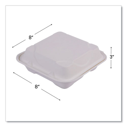 Picture of Vanguard Renewable and Compostable Sugarcane Clamshells, 3 Compartments, 8 x 8 x 3, White, 200/Carton
