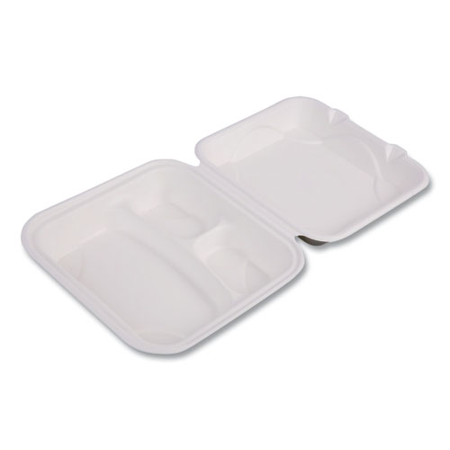 Picture of Vanguard Renewable and Compostable Sugarcane Clamshells, 3-Compartment, 9 x 9 x 3, White, 200/Carton
