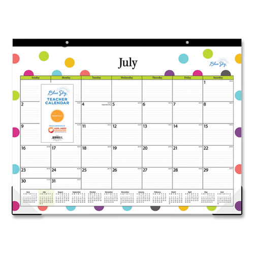 Picture of Teacher Dots Academic Desk Pad, 22 x 17, Black Binding, Clear Corners, 12-Month (July to June): 2024 to 2025