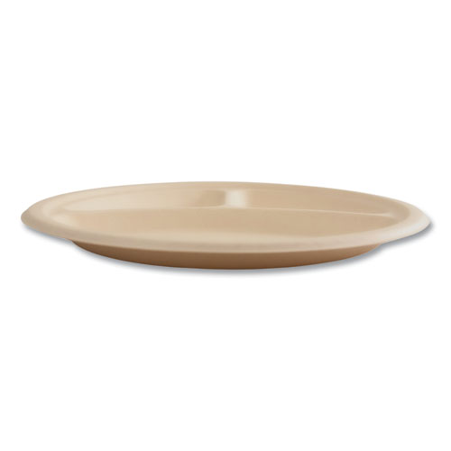 Picture of Bagasse PFAS-Free Dinnerware, 3-Compartment Plate, 10" dia, Tan, 500/Carton