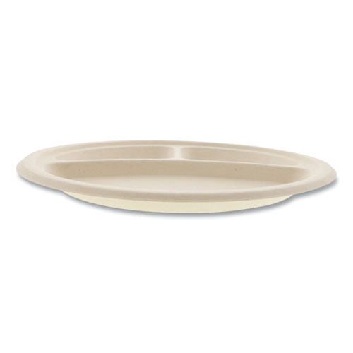 Picture of Bagasse PFAS-Free Dinnerware, 3-Compartment Plate, 10" dia, Tan, 500/Carton