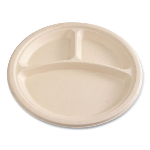 Picture of Bagasse PFAS-Free Dinnerware, 3-Compartment Plate, 10" dia, Tan, 500/Carton