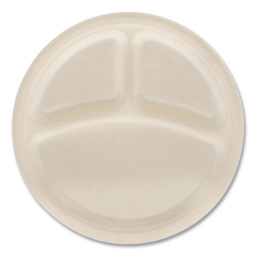 Picture of Bagasse PFAS-Free Dinnerware, 3-Compartment Plate, 10" dia, Tan, 500/Carton