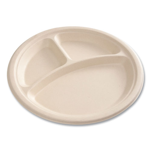 Picture of Bagasse PFAS-Free Dinnerware, 3-Compartment Plate, 10" dia, Tan, 500/Carton